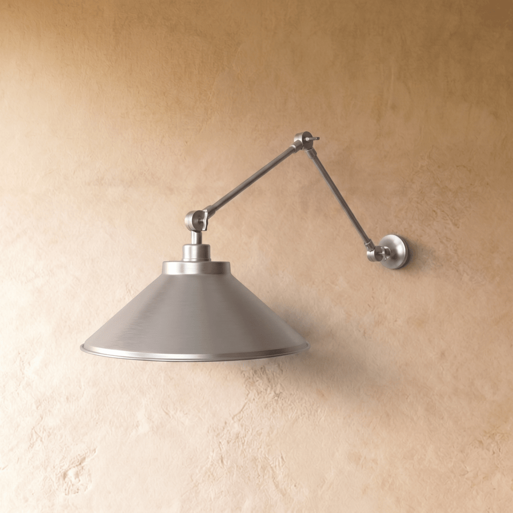 This chrome Clérachic wall lamp is shown from a different angle, the cone shade glowing warmly.