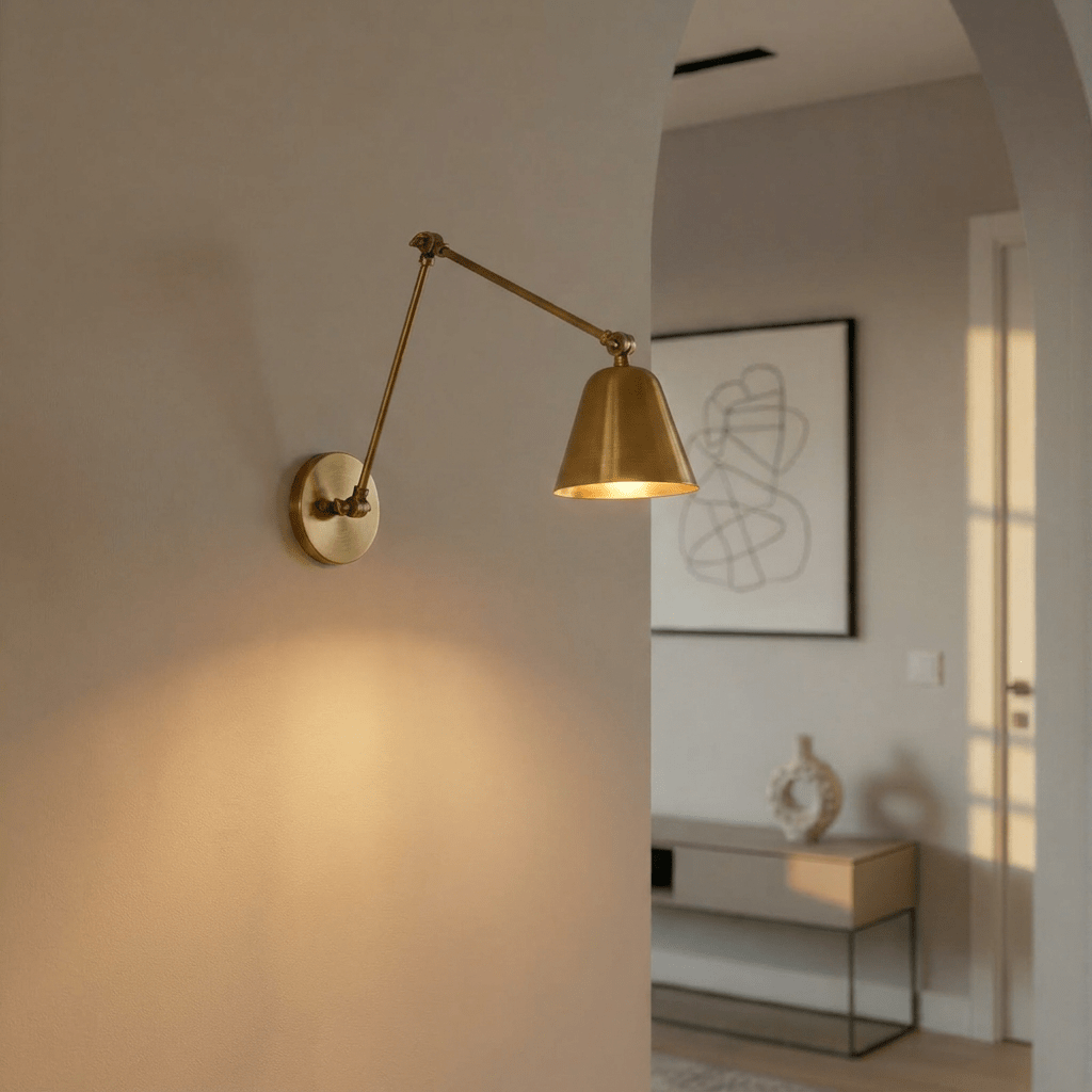 A Clérachic swing-arm wall light in aged vintage brass lights a plastered archway leading into a living space.
