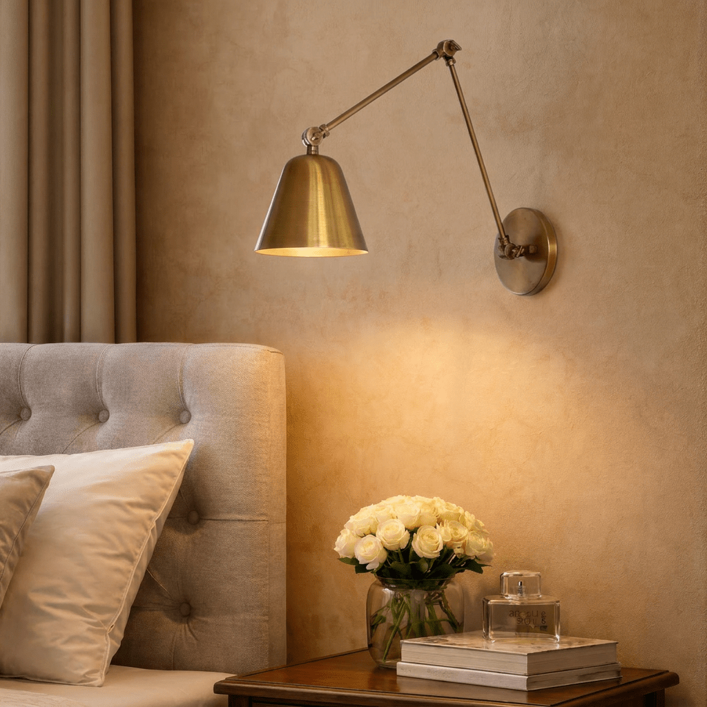 This Clérachic wall light in aged vintage brass lights a tufted headboard bedside table with roses and books.
