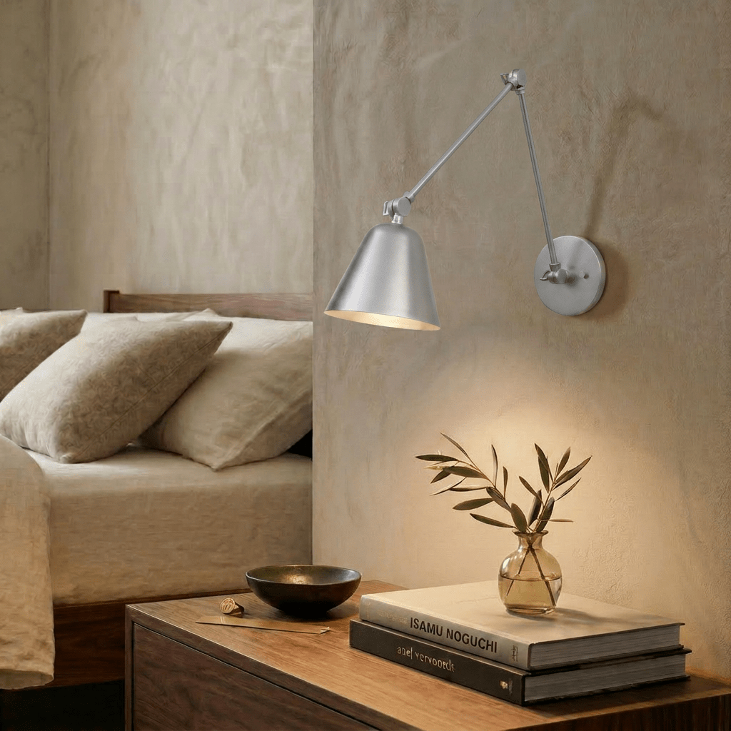 A Clérachic swing-arm wall light in brushed chrome glows beside a bed, lighting a nightstand with books and a vase.