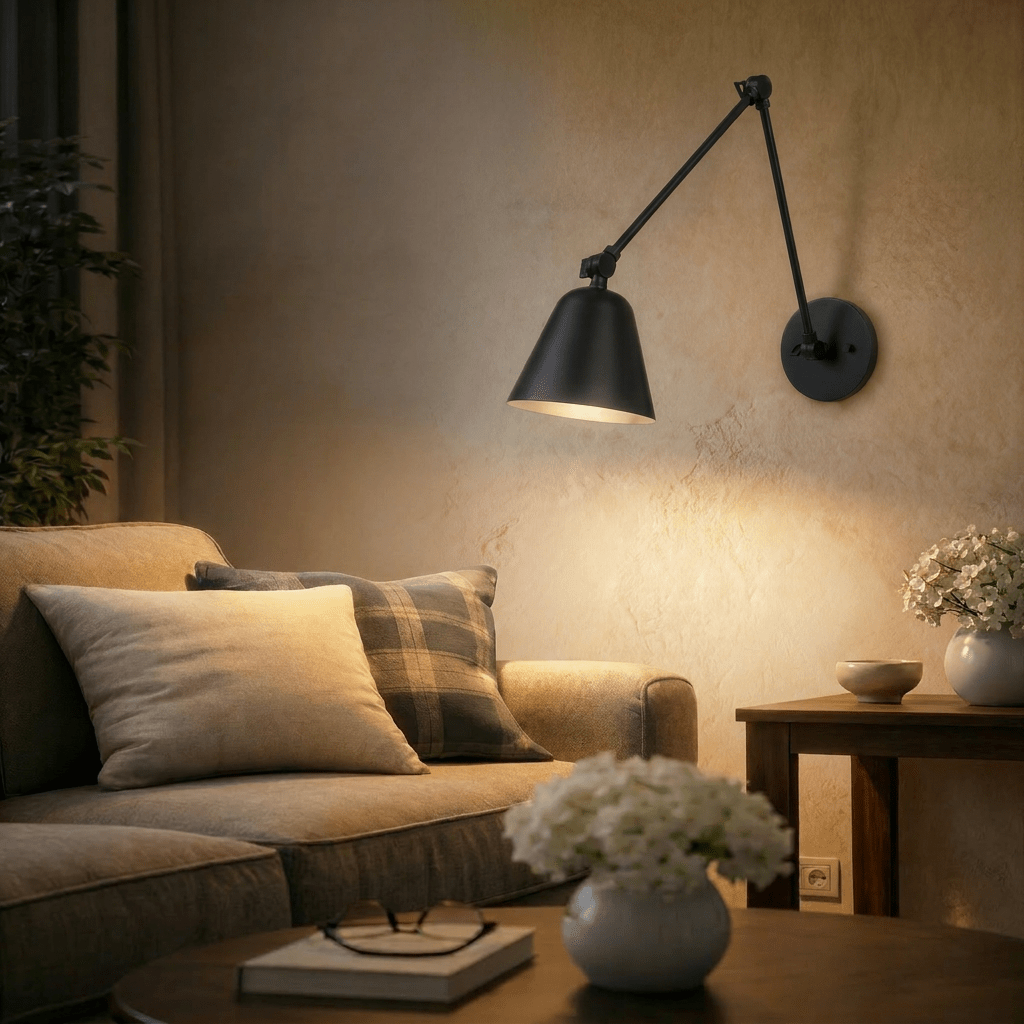 A Clérachic swing-arm wall light in matte black glows warmly above a sofa with cushions and a flower-topped table.