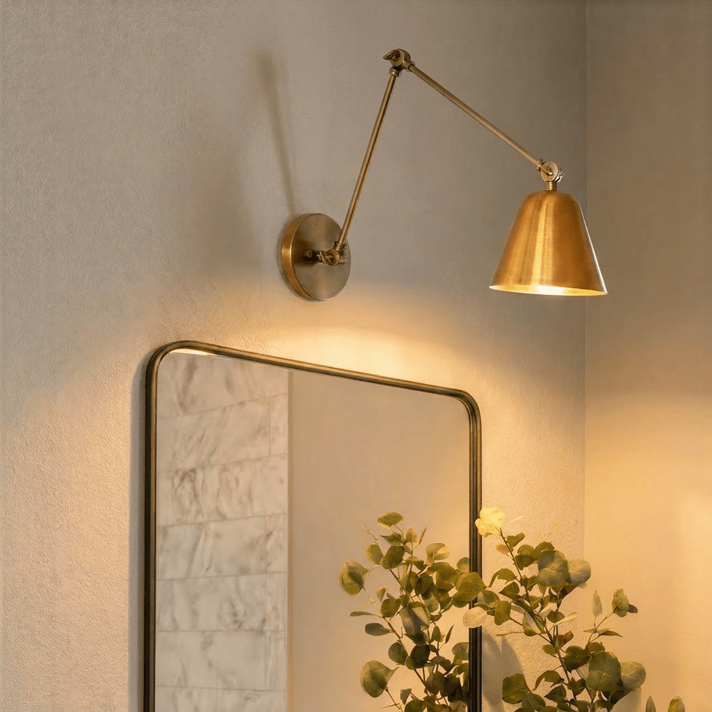 This Clérachic wall light in polished brass hangs above a framed mirror in a marble-tiled bathroom, glowing warmly.
