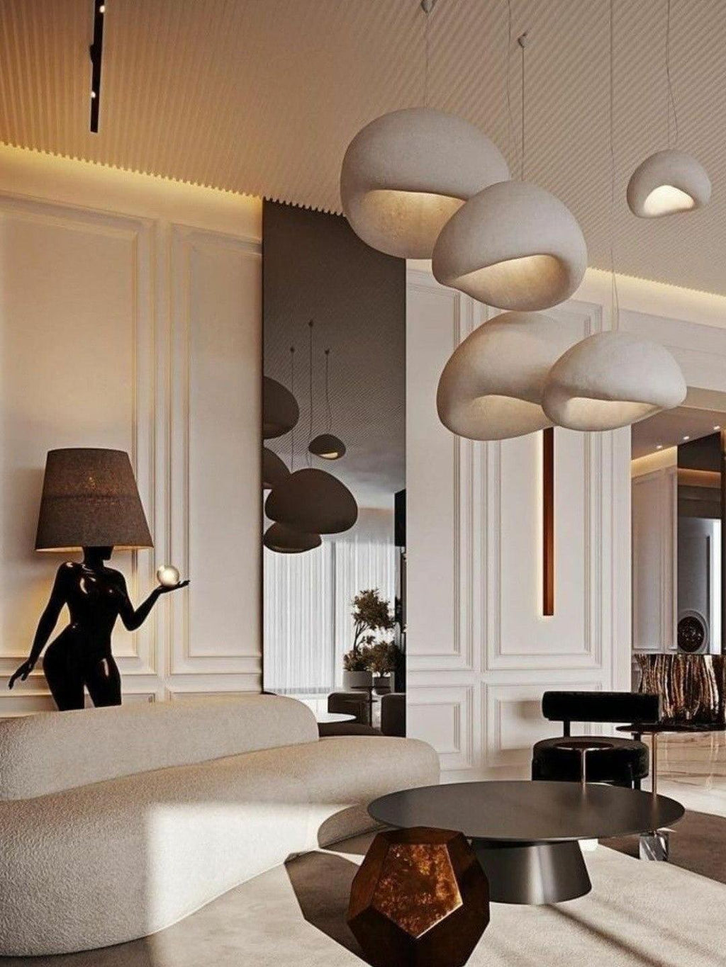 Wabi-sabi organic chandelier with layered organic shades in soft light