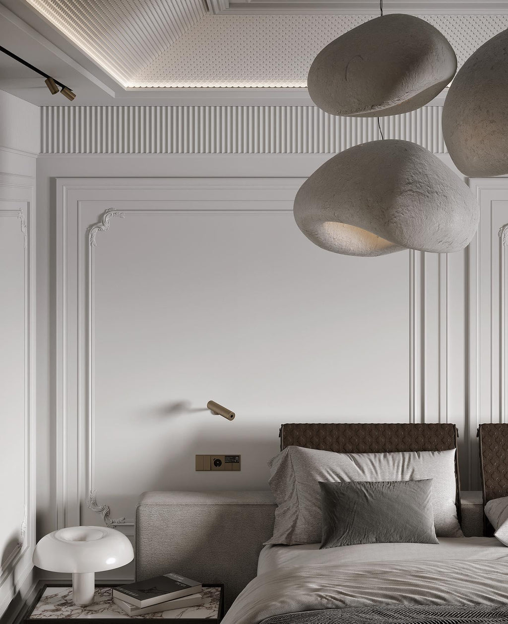 Wabi-sabi organic chandelier shown over a large dining space