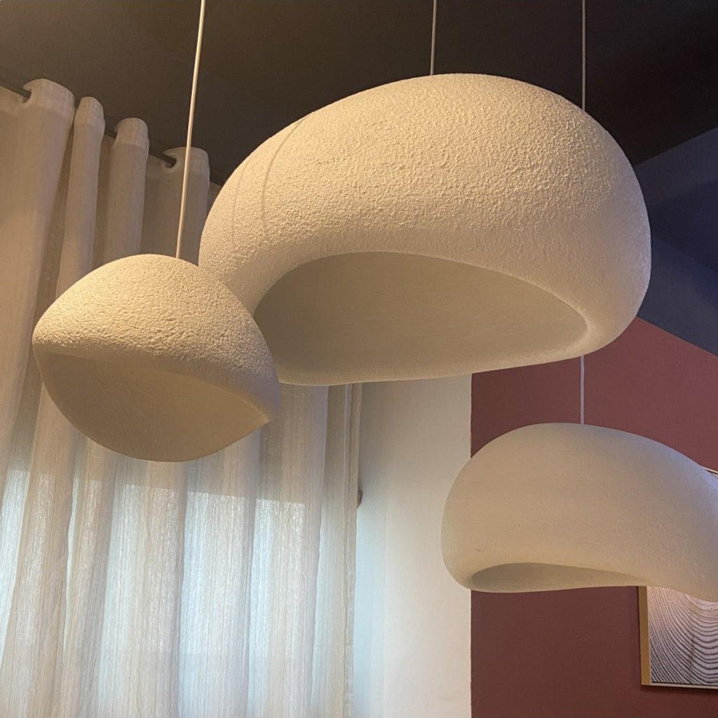 Wabi-sabi organic chandelier with organic shades at different sizes