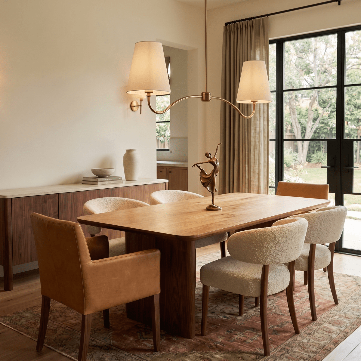 Clérachic brass chandelier hanging above a walnut dining table with a small bronze dancer figurine as a centrepiece.