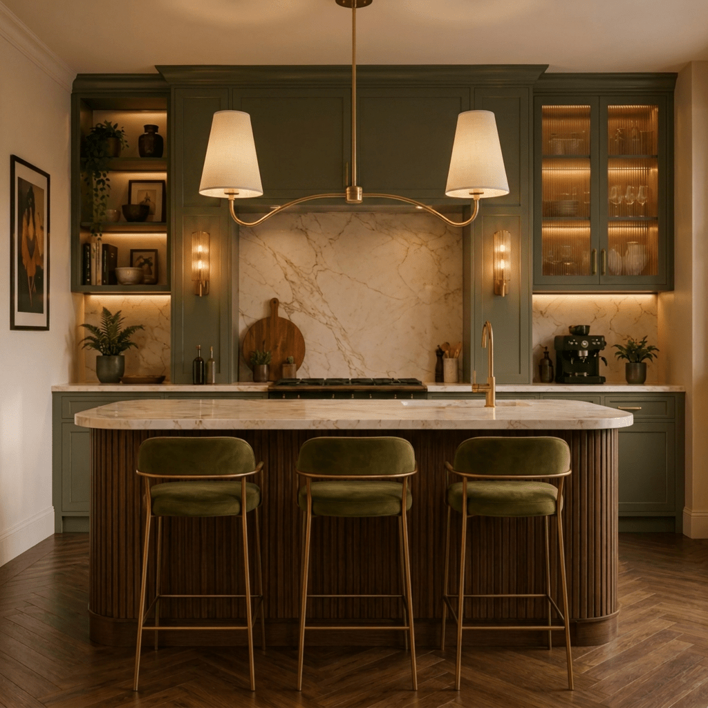Clérachic brass chandelier glowing above a marble kitchen island with green cabinetry and three velvet barstools.