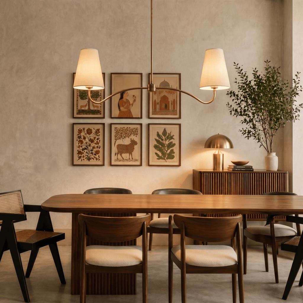 Clérachic vintage brass chandelier hanging above a dining table beside a gallery wall of framed folk-art prints.