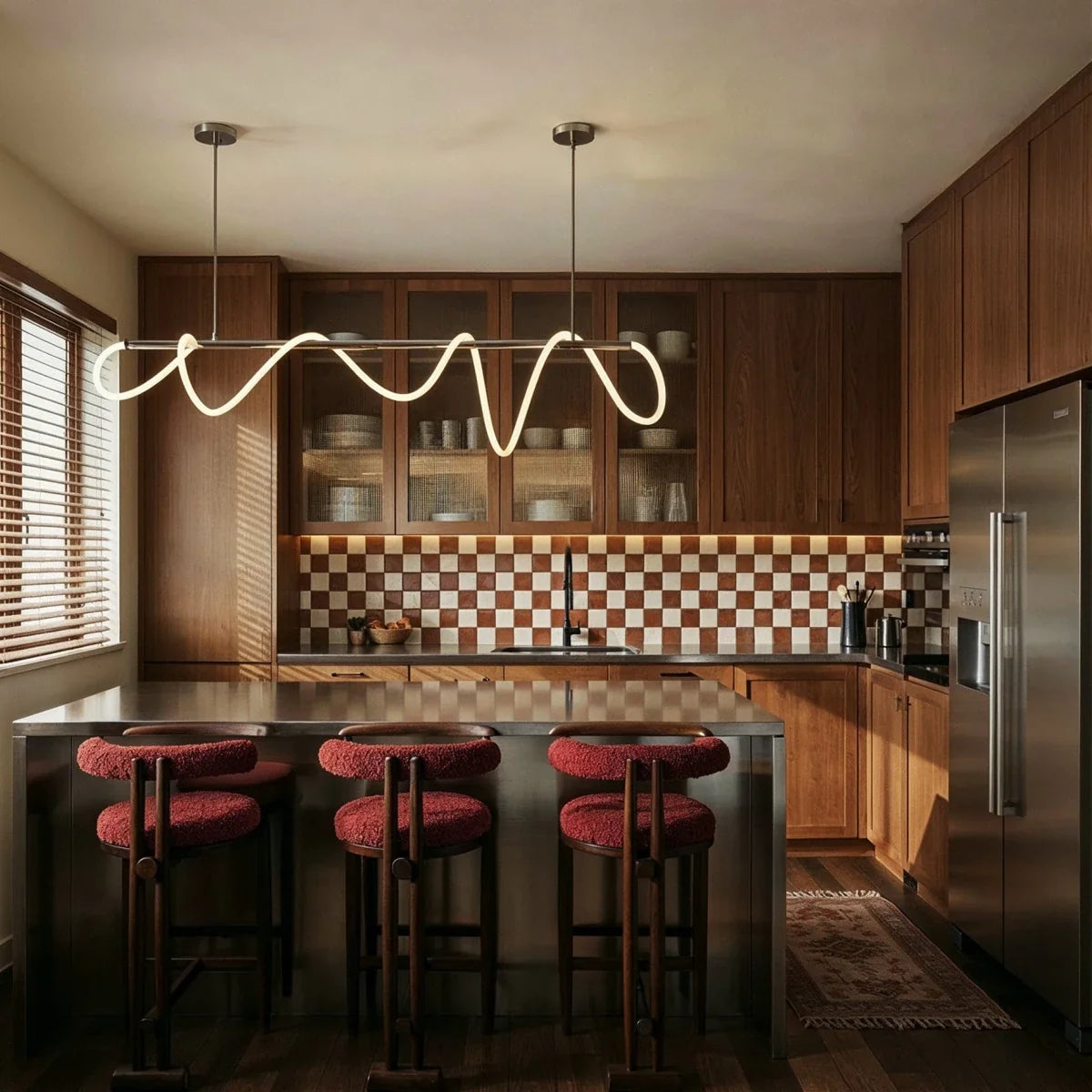 Clérachic Linea chandelier in a silver finish, lit above a kitchen island with red bouclé stools and a terracotta-and-cream checkerboard tile backsplash.