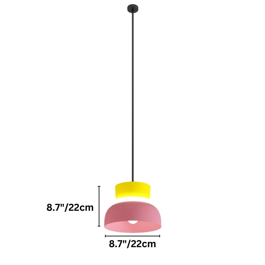 Clérachic pendant light dimension drawing, medium size in yellow over pink, marked 22 cm (8.7″) high and 22 cm (8.7″) wide.