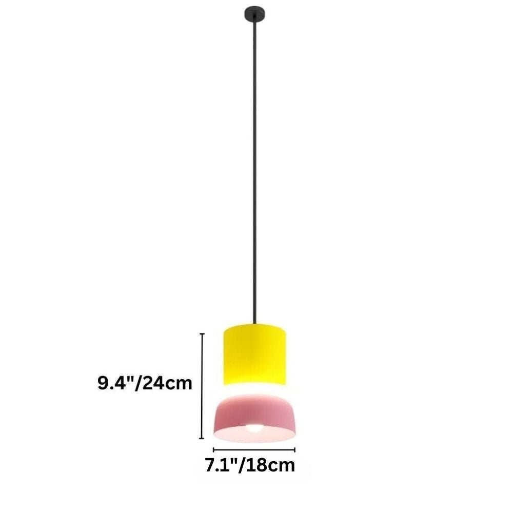 Clérachic pendant light dimension drawing, smallest size in yellow over pink, marked 24 cm (9.4″) high and 18 cm (7.1″) wide.