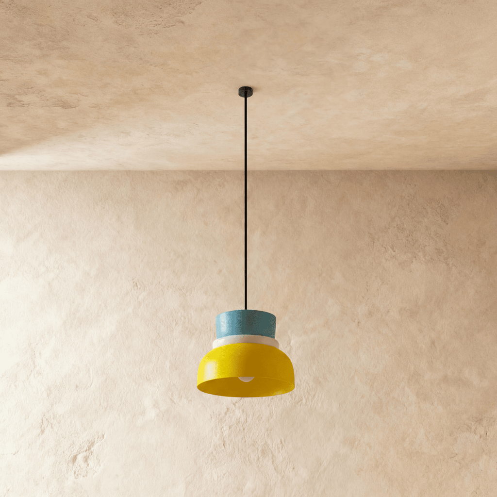 Clérachic pendant light with a teal cap over a wide mustard bowl, unlit, seen from just below the rim.