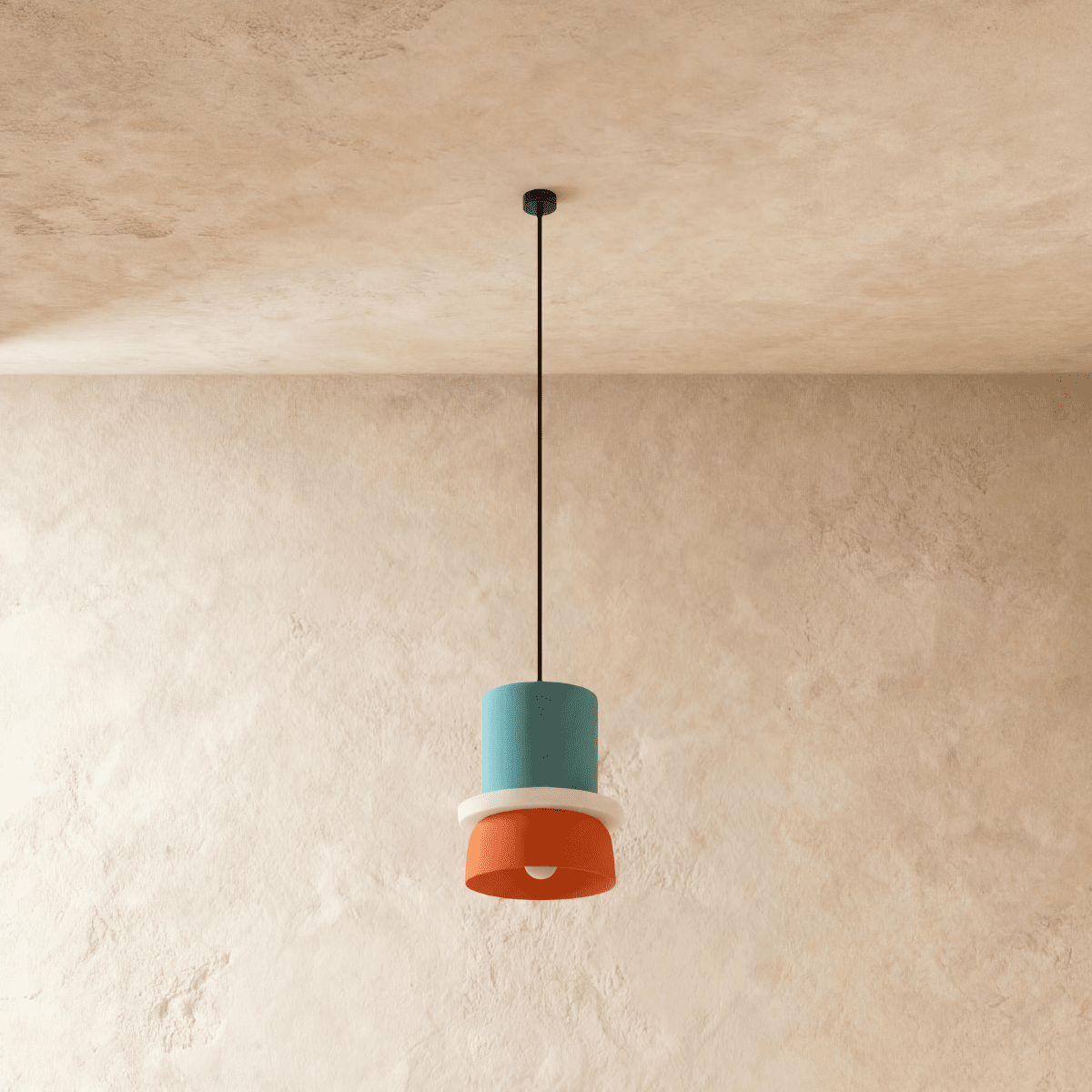 Clérachic pendant light in teal over burnt orange, photographed unlit to show the true colours.