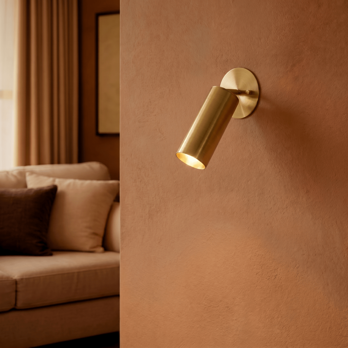 Clérachic wall lamp in brass glowing on a terracotta wall beside a living room sofa and framed art.