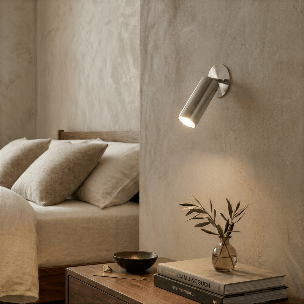 Clérachic wall lamp in chrome lighting a bedside table stacked with books and a small glass vase.