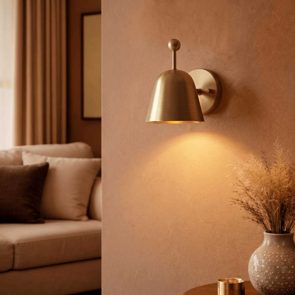 This brass Clérachic wall lamp lights a living room corner near a beige sofa and a pampas grass vase.