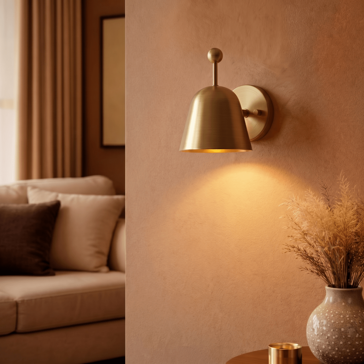 This brass Clérachic wall lamp lights a living room corner near a beige sofa and a pampas grass vase.