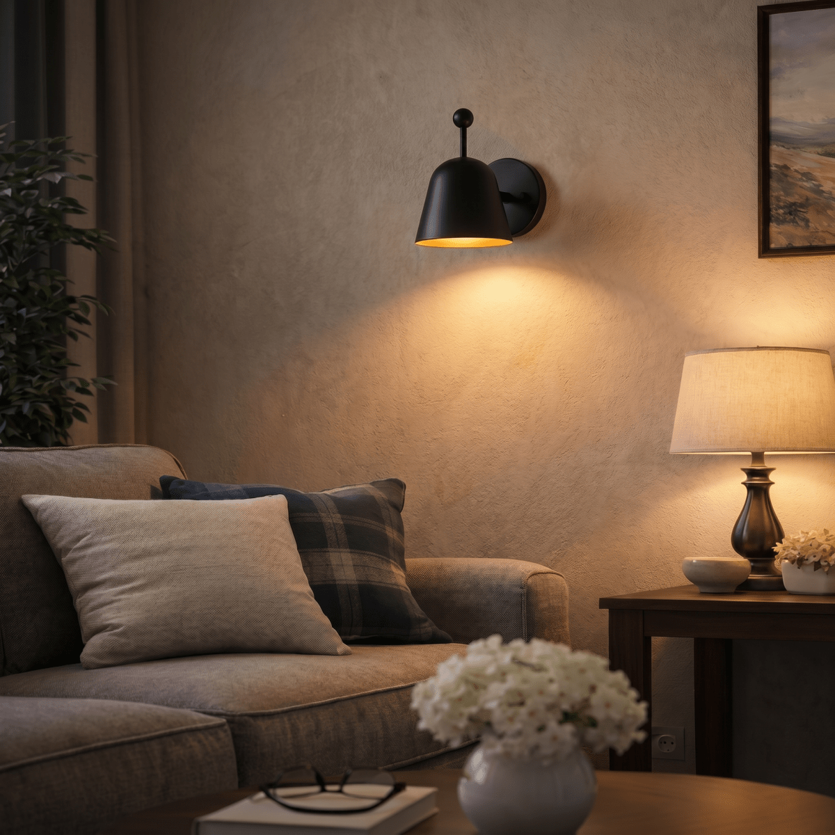 A black Clérachic wall lamp lights a sofa corner with plaid pillows and a warm table lamp nearby.