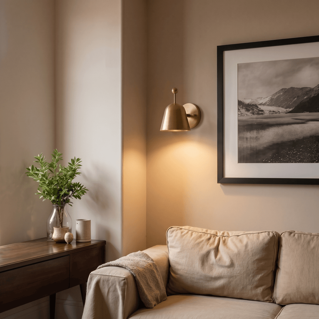 A brass Clérachic wall lamp lights a living room corner beneath a framed black-and-white landscape.