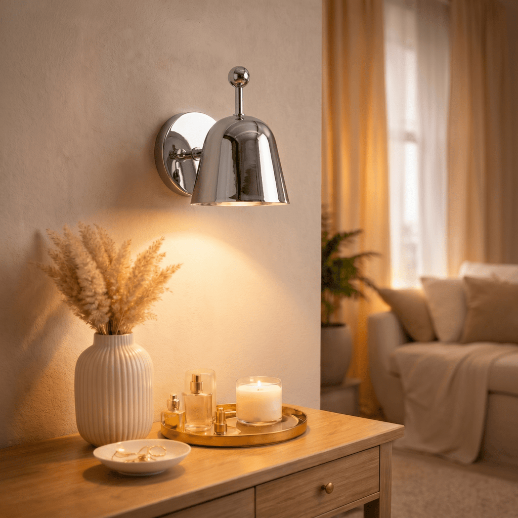 This chrome Clérachic wall lamp lights a console table holding a vase of pampas grass and perfume bottles.