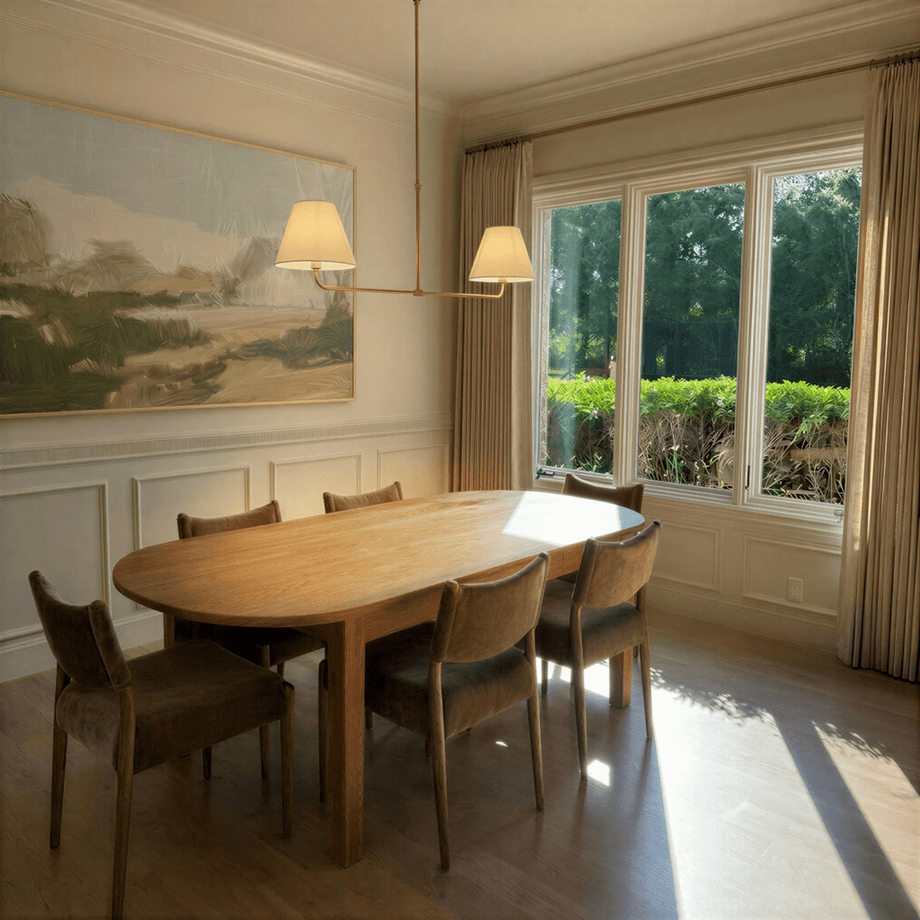 Clérachic chandelier in vintage brass above a sunlit dining table beside a framed landscape painting.