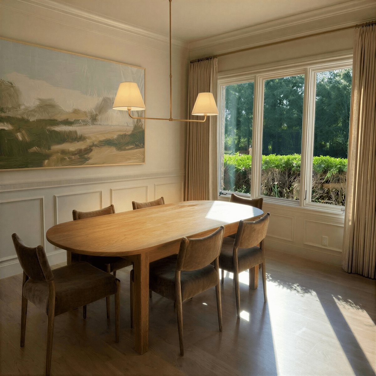 Clérachic chandelier in vintage brass above a sunlit dining table beside a framed landscape painting.
