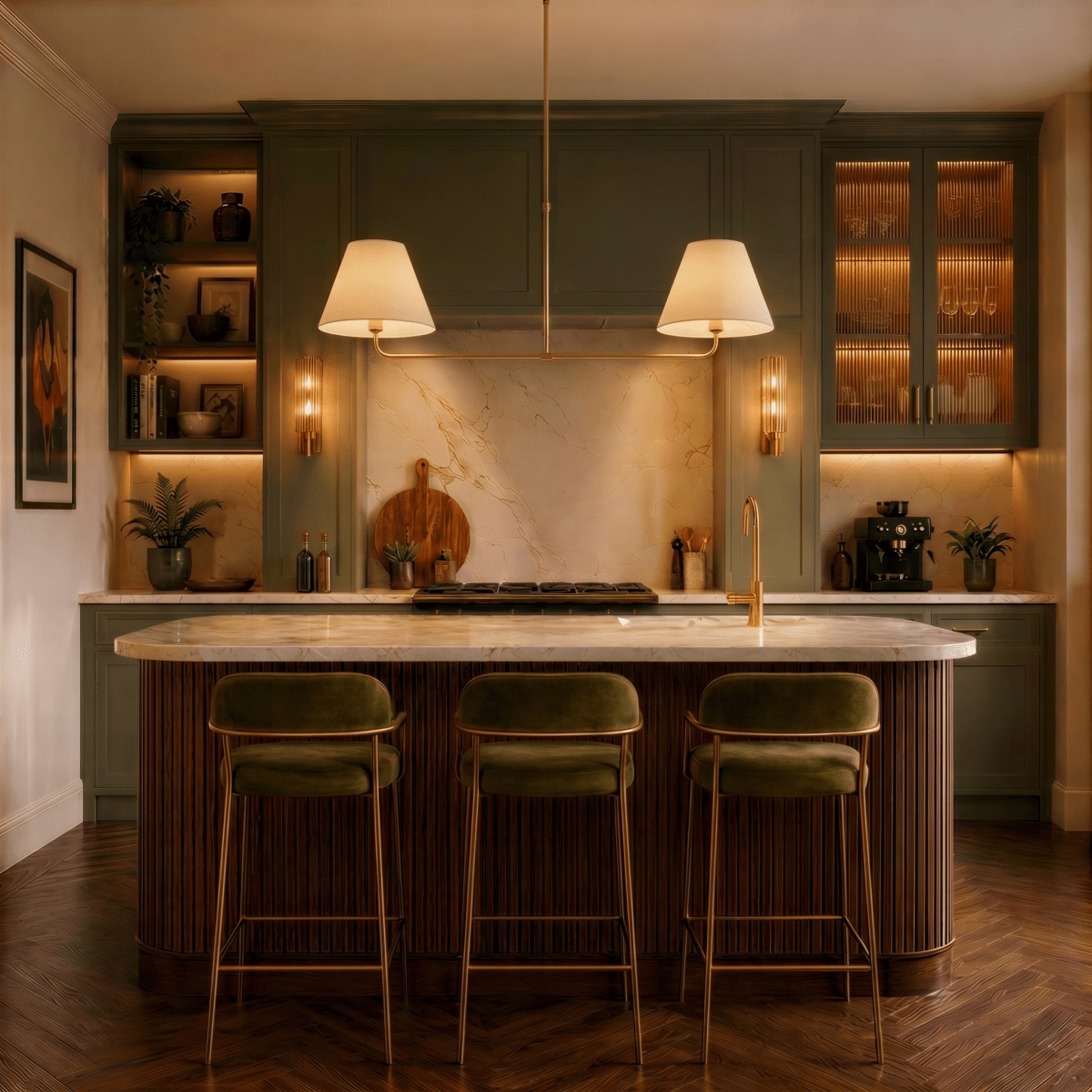 This Clérachic chandelier in brushed brass above a marble kitchen island with green cabinetry.