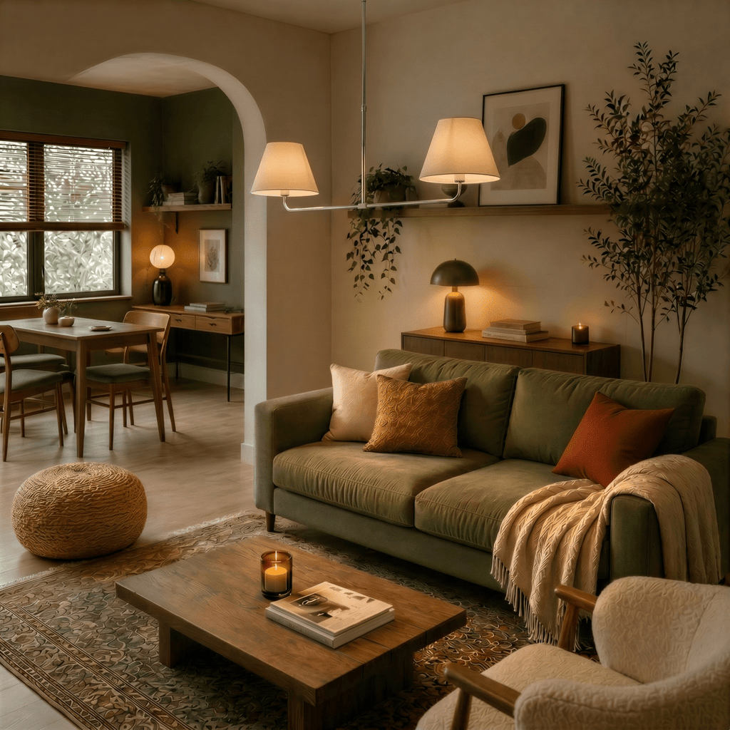 Clérachic chandelier in chrome lighting an archway between a dining table and a green velvet sofa.
