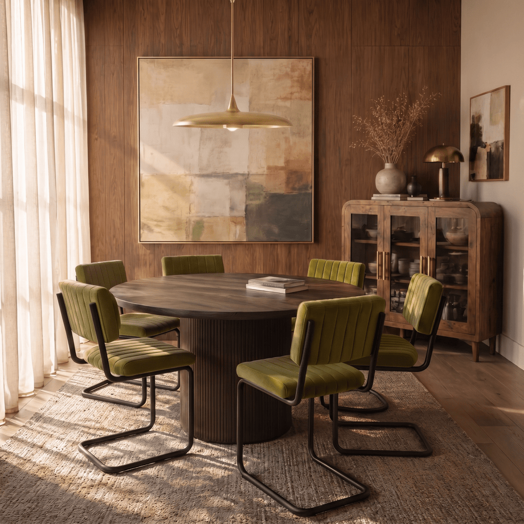 Clérachic brass saucer pendant light glowing above a round dark-wood table in a wood-panelled dining room.
