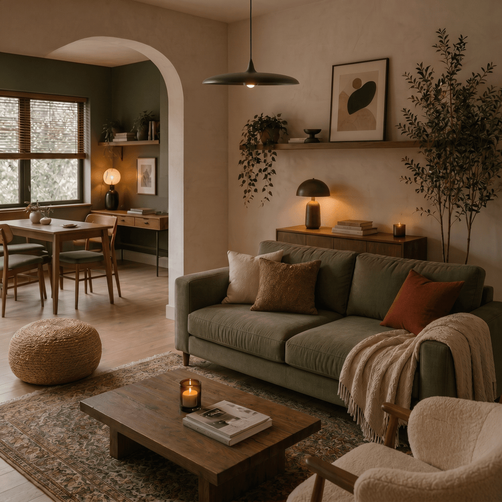 Clérachic matte black saucer pendant light hanging low in a living room beside an olive sofa and framed wall art.