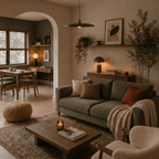 Clérachic matte black saucer pendant light hanging low in a living room beside an olive sofa and framed wall art.