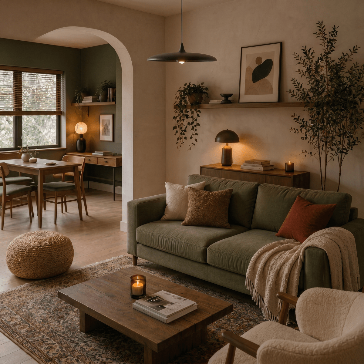 Clérachic matte black saucer pendant light hanging low in a living room beside an olive sofa and framed wall art.