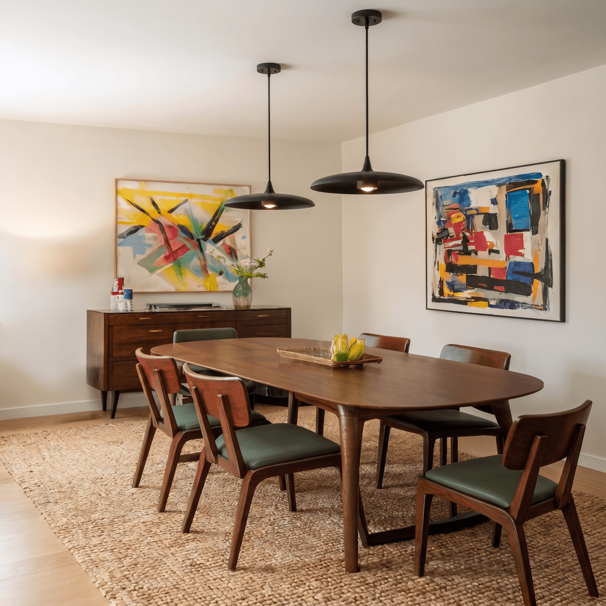 Clérachic matte black saucer pendant lights paired above a walnut dining table flanked by two colourful abstract paintings.