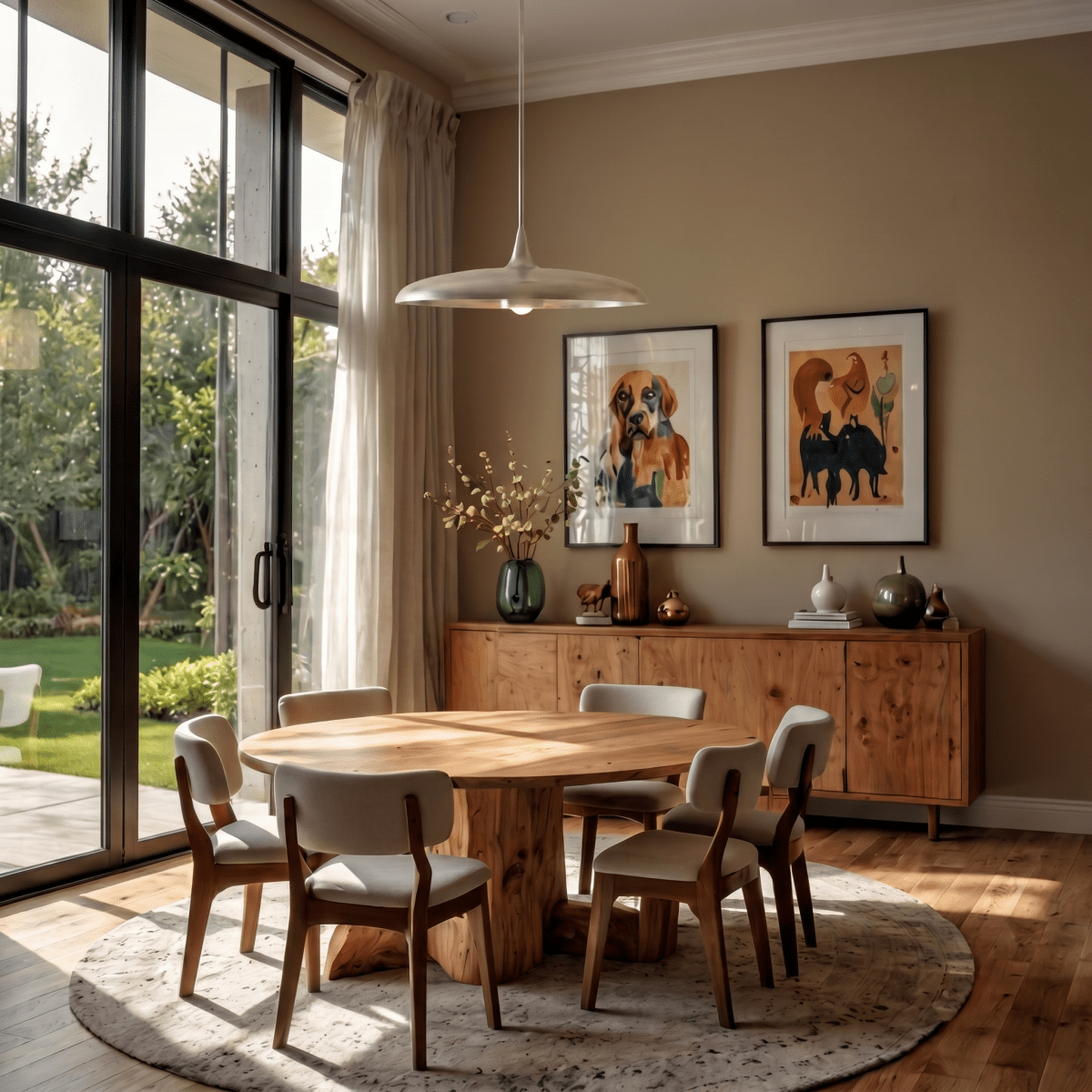 Clérachic chrome saucer pendant light glowing above a round table, beside framed animal prints near a garden view.