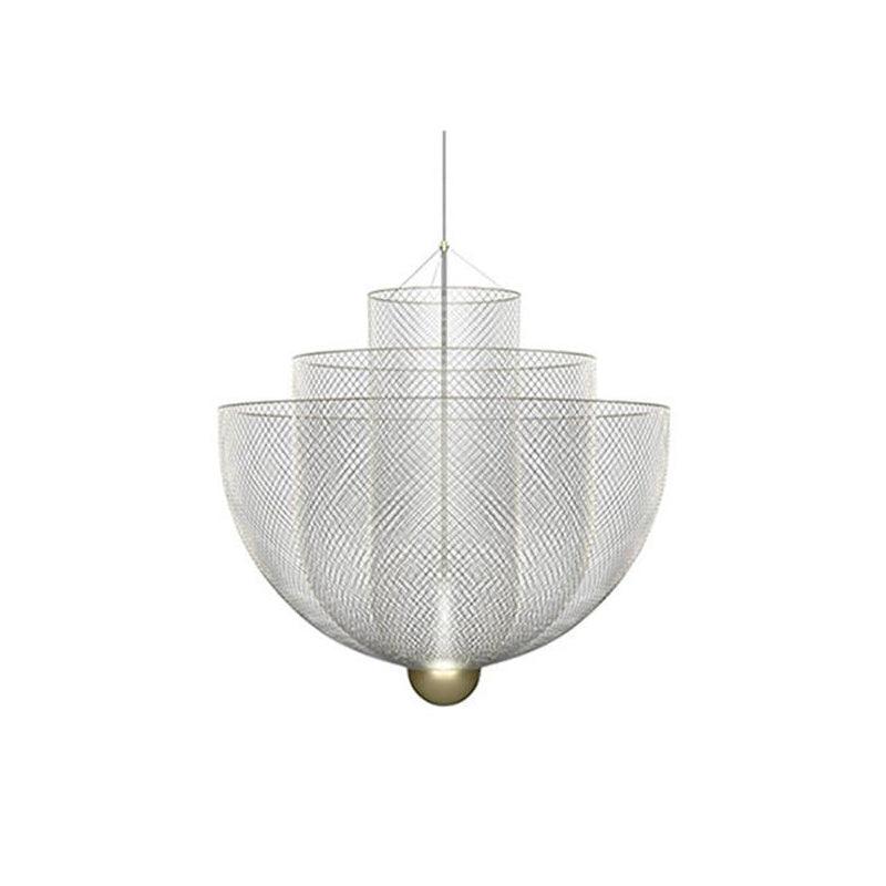 Spherical steel wire pendant light suspended in a styled room