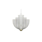 Layered steel wire pendant light glowing as a sphere overhead