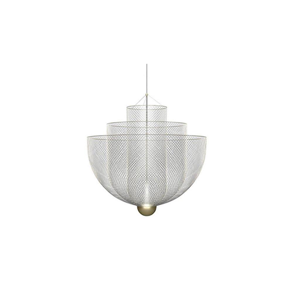 Layered steel wire pendant light glowing as a sphere overhead