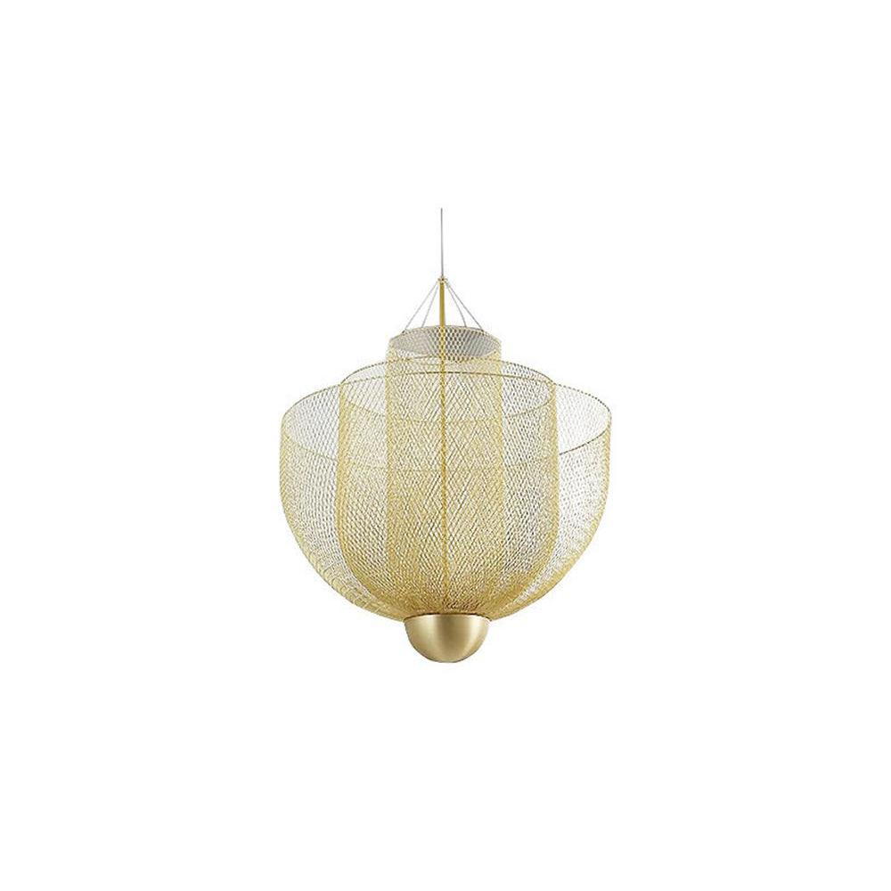 Wirework pendant light casting shadow patterns across a ceiling