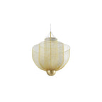 Wirework pendant light casting shadow patterns across a ceiling