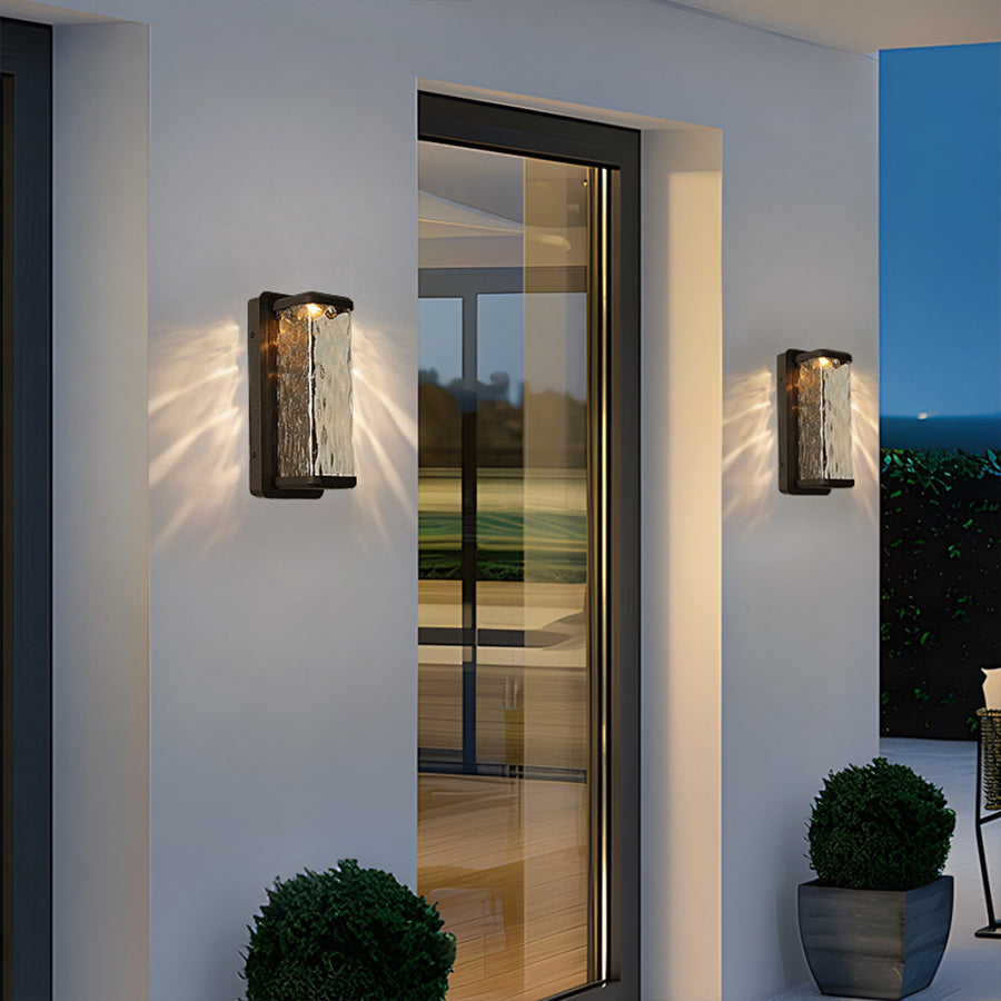 Emery Wall Light For Outdoors, Rectangular Design With Water-Drop Glass Shade