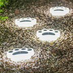 Four paw lights unlit in daylight, laid out along a gravel path to show the spacing between them.