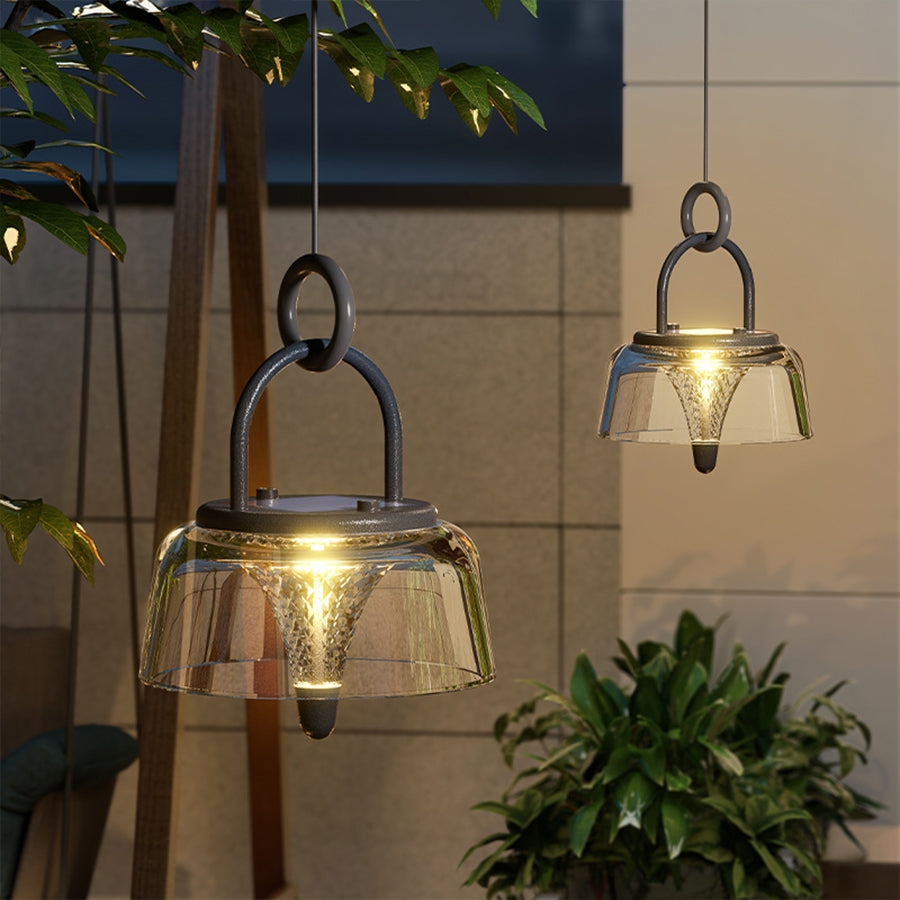 Solar Outdoor Pendant Light With Clear Acrylic Shade, Tri-Color LED