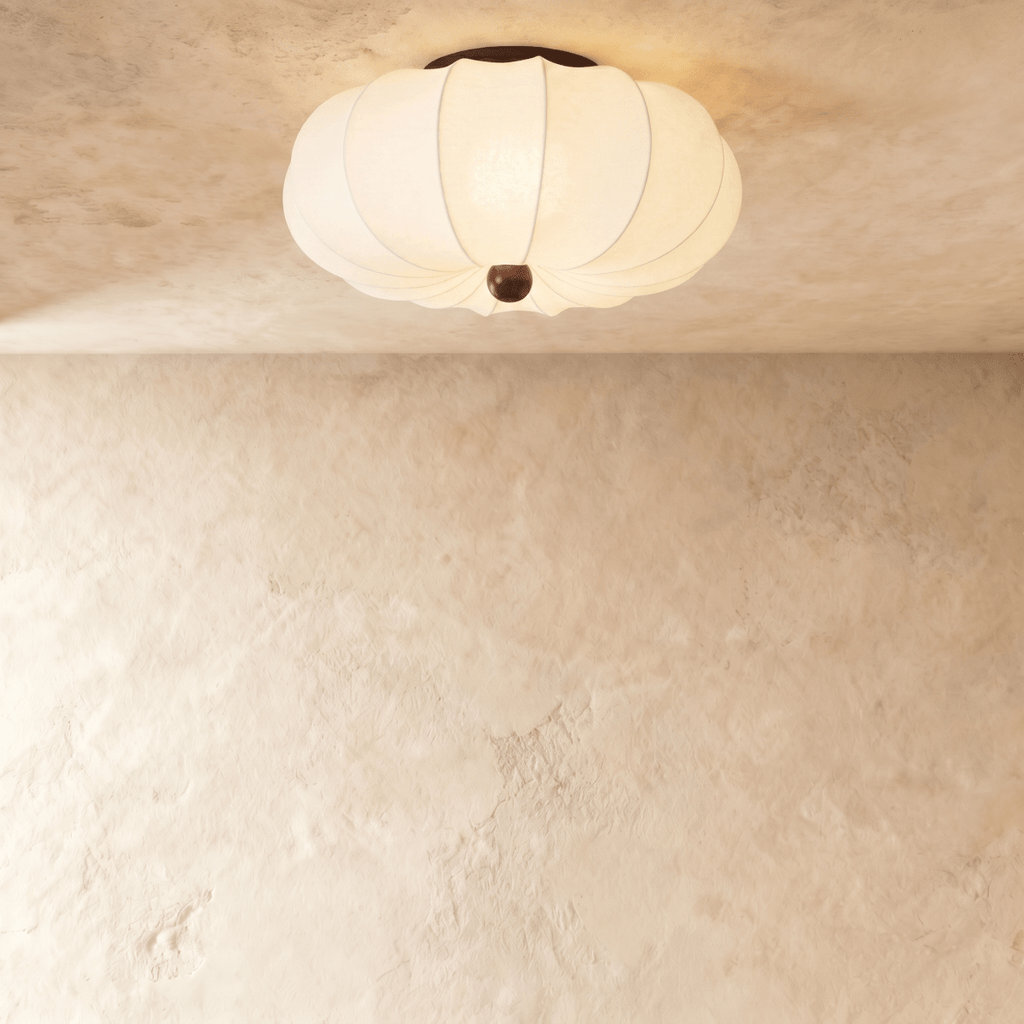 Clérachic ceiling light with a scalloped fabric drum shade and a dark wood finial, mounted flush overhead.