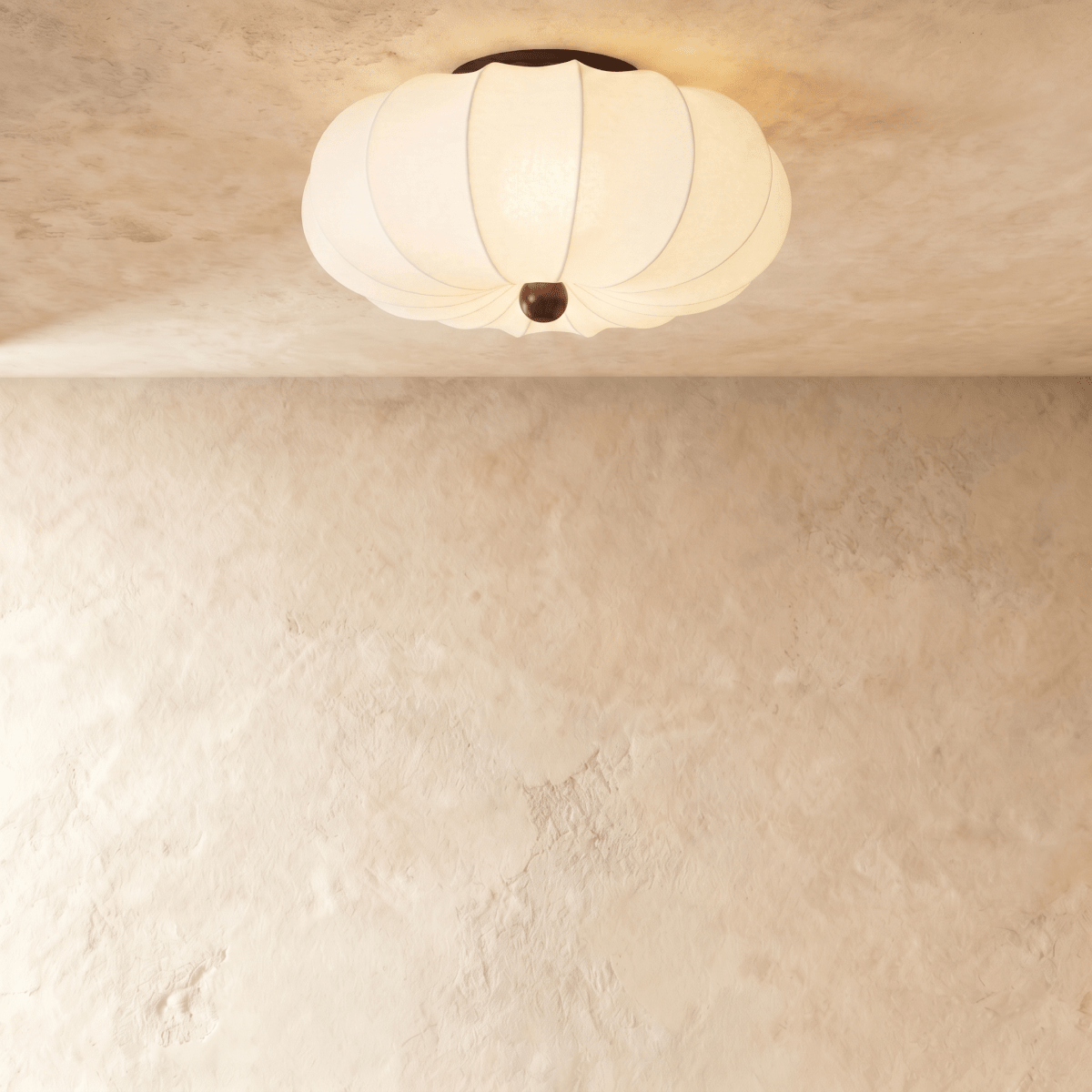 Clérachic ceiling light with a scalloped fabric drum shade and a dark wood finial, mounted flush overhead.