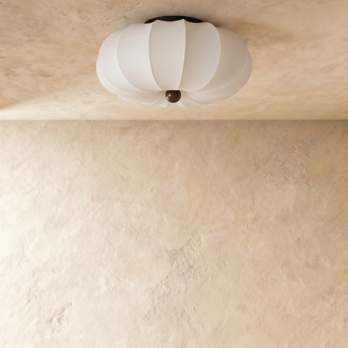 Clérachic ceiling light with a scalloped fabric drum shade, shown glowing from a slightly different angle.