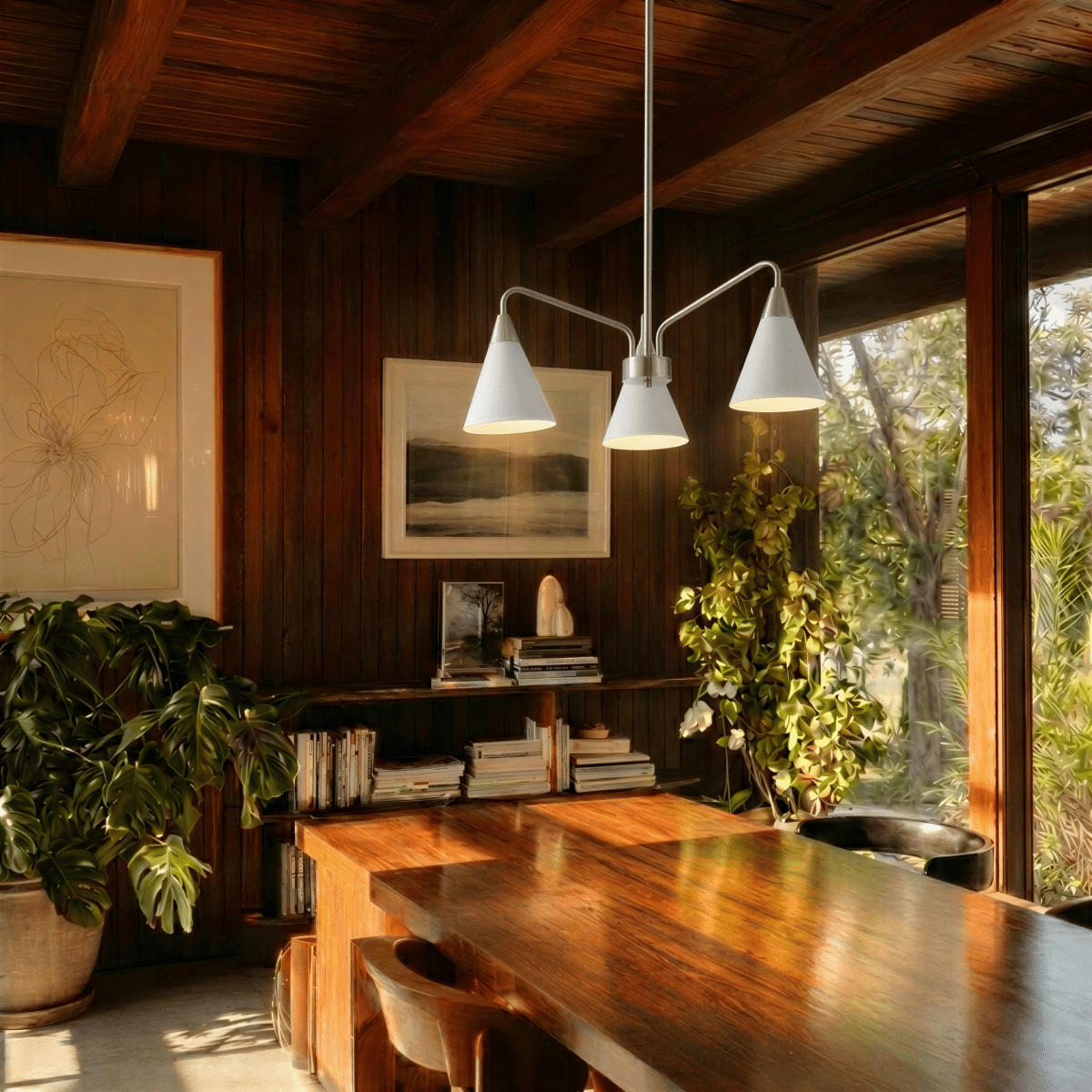 A Clérachic three-arm chandelier lights a wood-beamed dining table in a home overlooking the water.