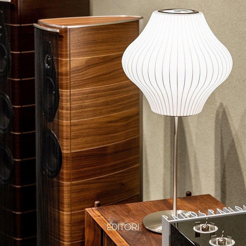 Faux silk bubble table lamp styled beside a sofa for warm ambient light