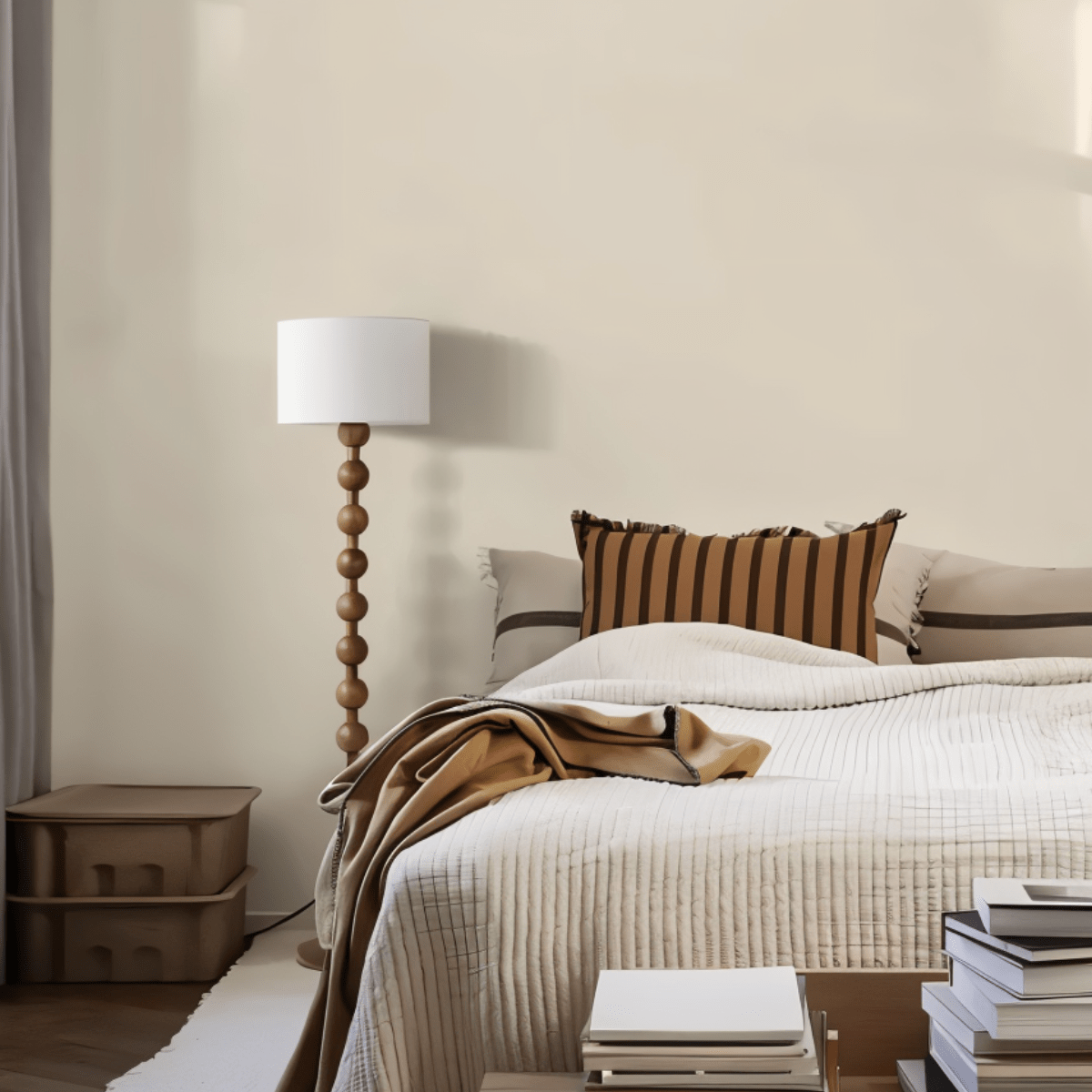 Clérachic stacked-sphere wood floor lamp in walnut, unlit in a daylit bedroom beside a bed dressed in cream quilting and a striped rust cushion.