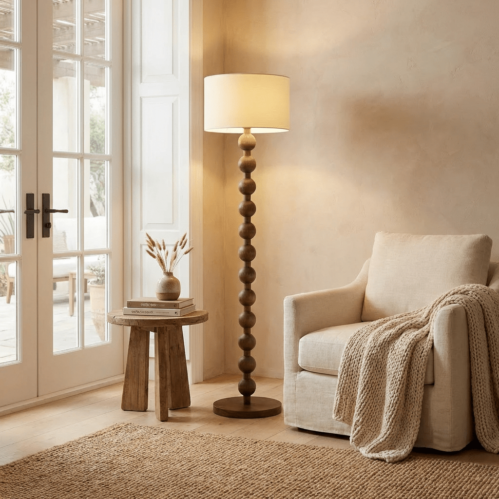 Clérachic stacked-sphere wood floor lamp in walnut, lit beside a cream armchair and a small wood stool near a pair of French doors.