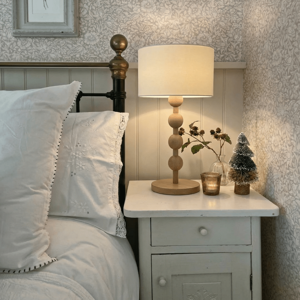 Clérachic walnut bobbin lamp lit on a bedside table with dried stems beside it